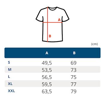 Maattabel met T-shirt silhouet en borst- en lengtematen in centimeters