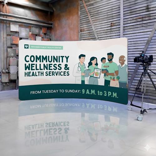 Gebogen Community Wellness zipperwall in een industriële werkplaats met een filmcamera