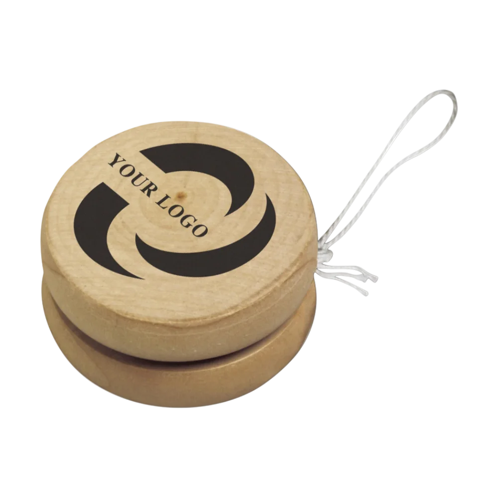 Yo-yo in legno naturale stampato con logo nero e testo Your Logo