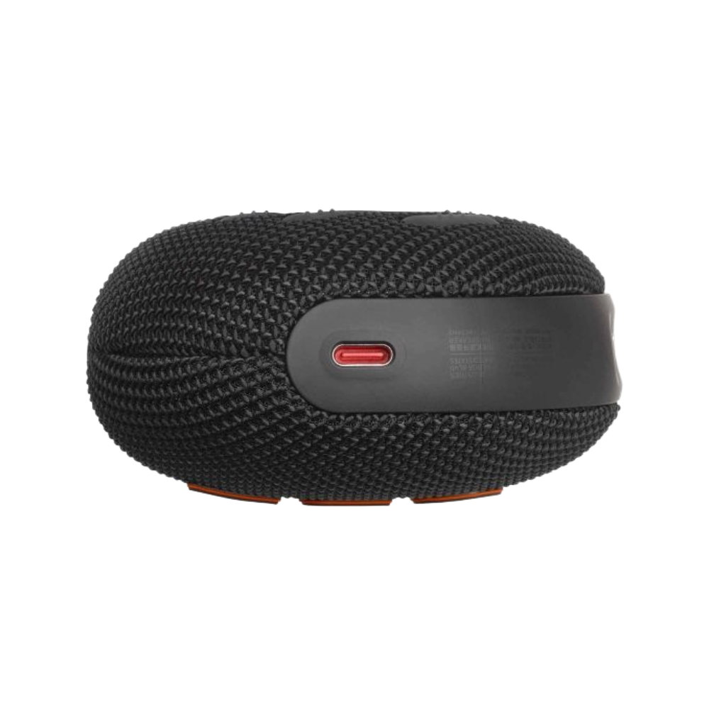 Vue de dessus de la JBL Clip 5 noire avec le port de charge USB-C