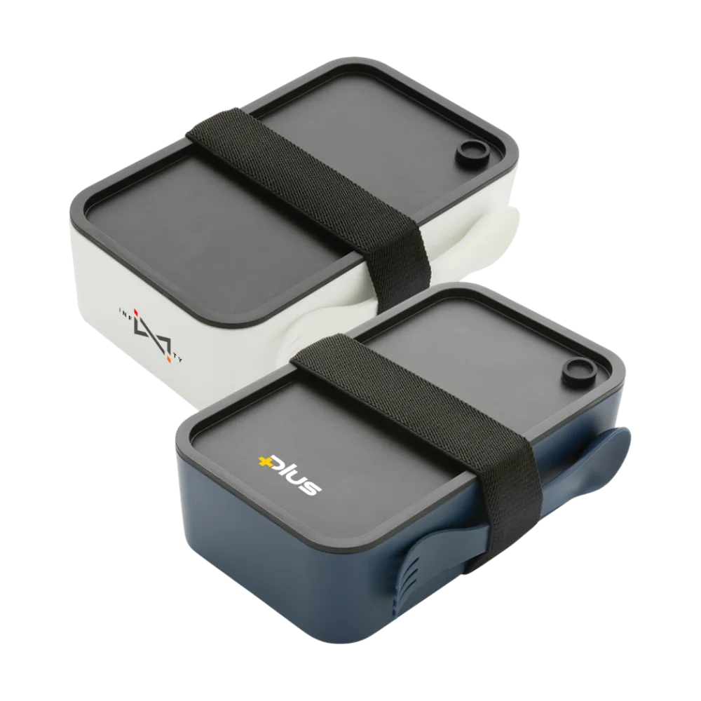 Two GRS Recycled PP lunch boxes in cream and navy with black silicone straps