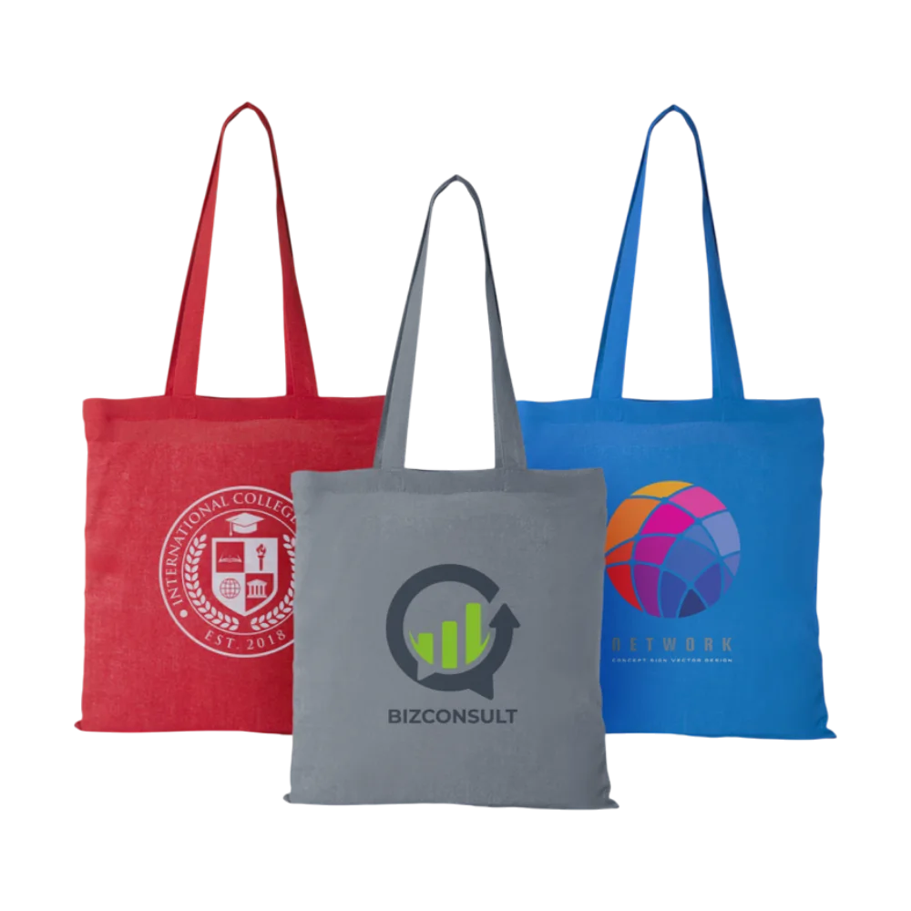 Tre borse tote in cotone Perù rosse, grigie e blu con logo stampato personalizzato
