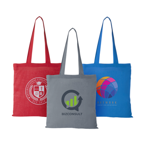 Drie Peru katoenen draagtassen in rood, grijs en blauw met bedrukte logo's