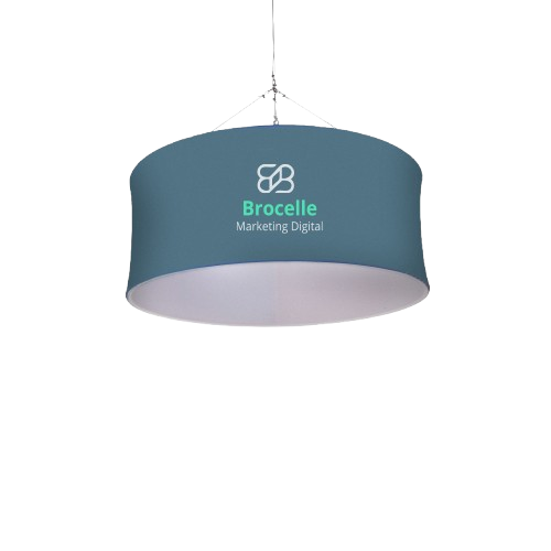 Hanging round zip-up display in teal printed with Brocelle Marketing Digital logo