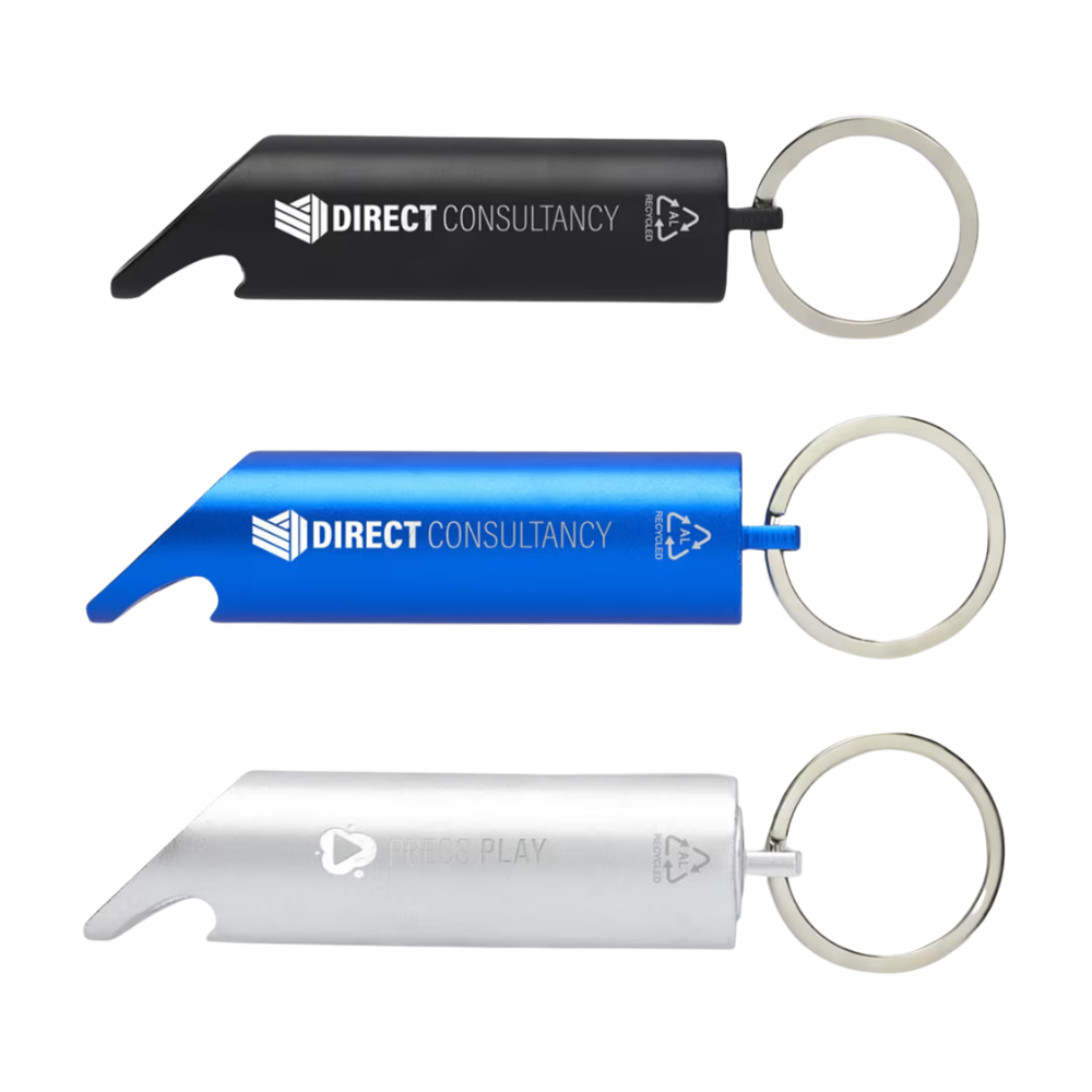Flare RCS Luce LED e apribottiglie in alluminio riciclato con portachiavi