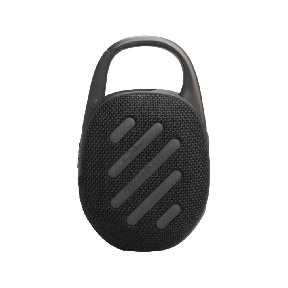 Vue de profil de la JBL Clip 5 noire avec mousqueton et boutons de commande