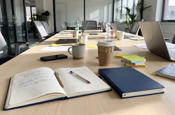 Aufgeschlagenes blaues Hardcover-Notizbuch mit Besprechungsnotizen auf einem Konferenztisch, daneben ein geschlossenes Notizbuch und Kaffee