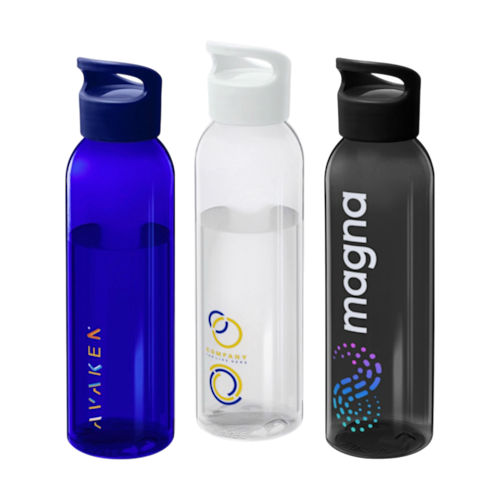 Drie Sky 650 ml waterflessen in blauw, transparant en zwart