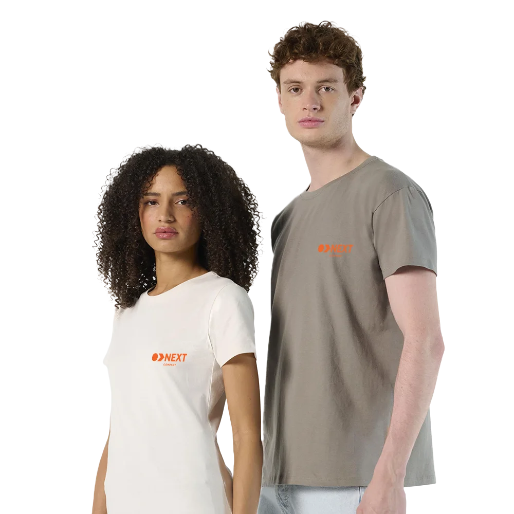 Two models wearing white and grey cotton t-shirts with orange chest print