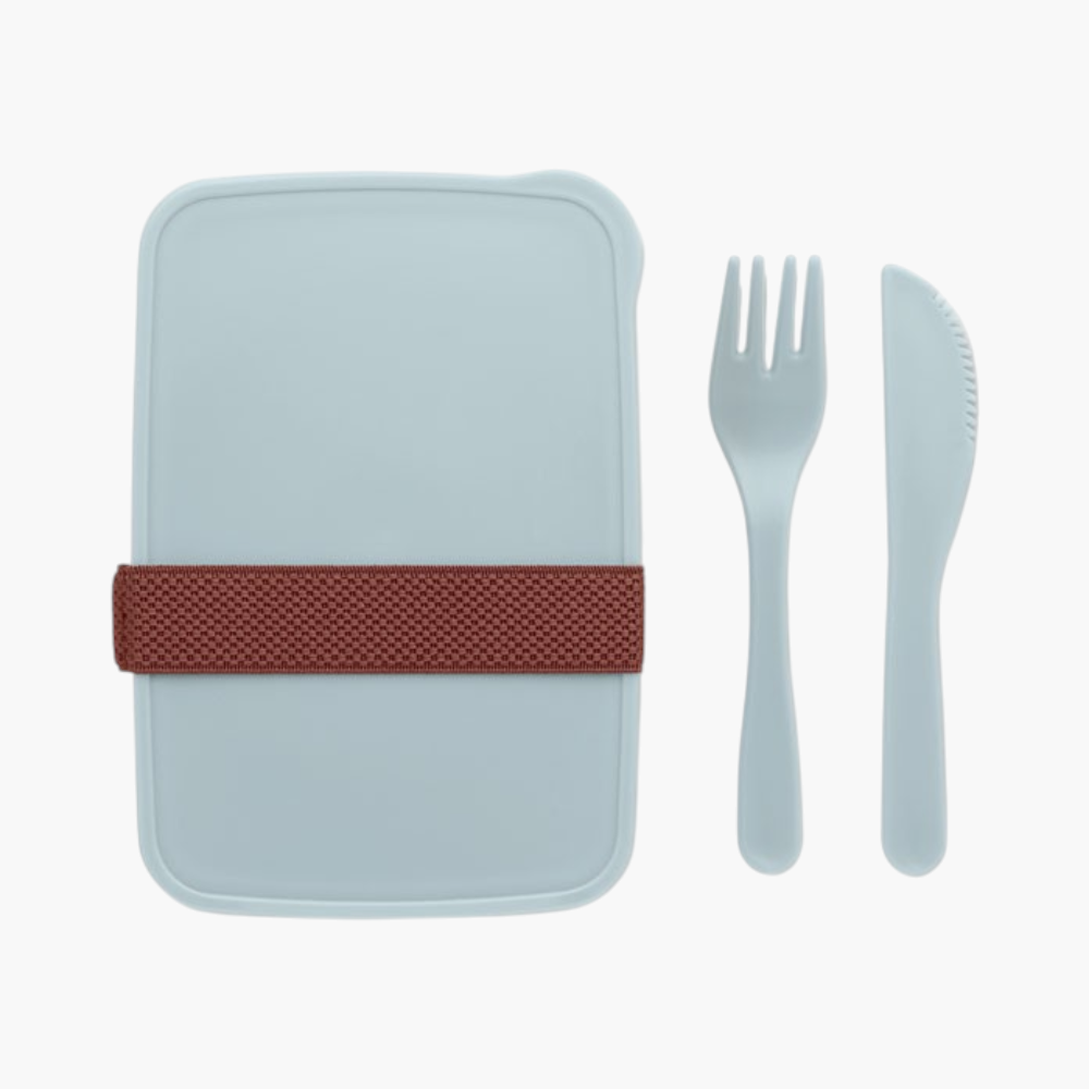 Top view of pale blue PP Sunday lunch box with rust strap and matching cutlery