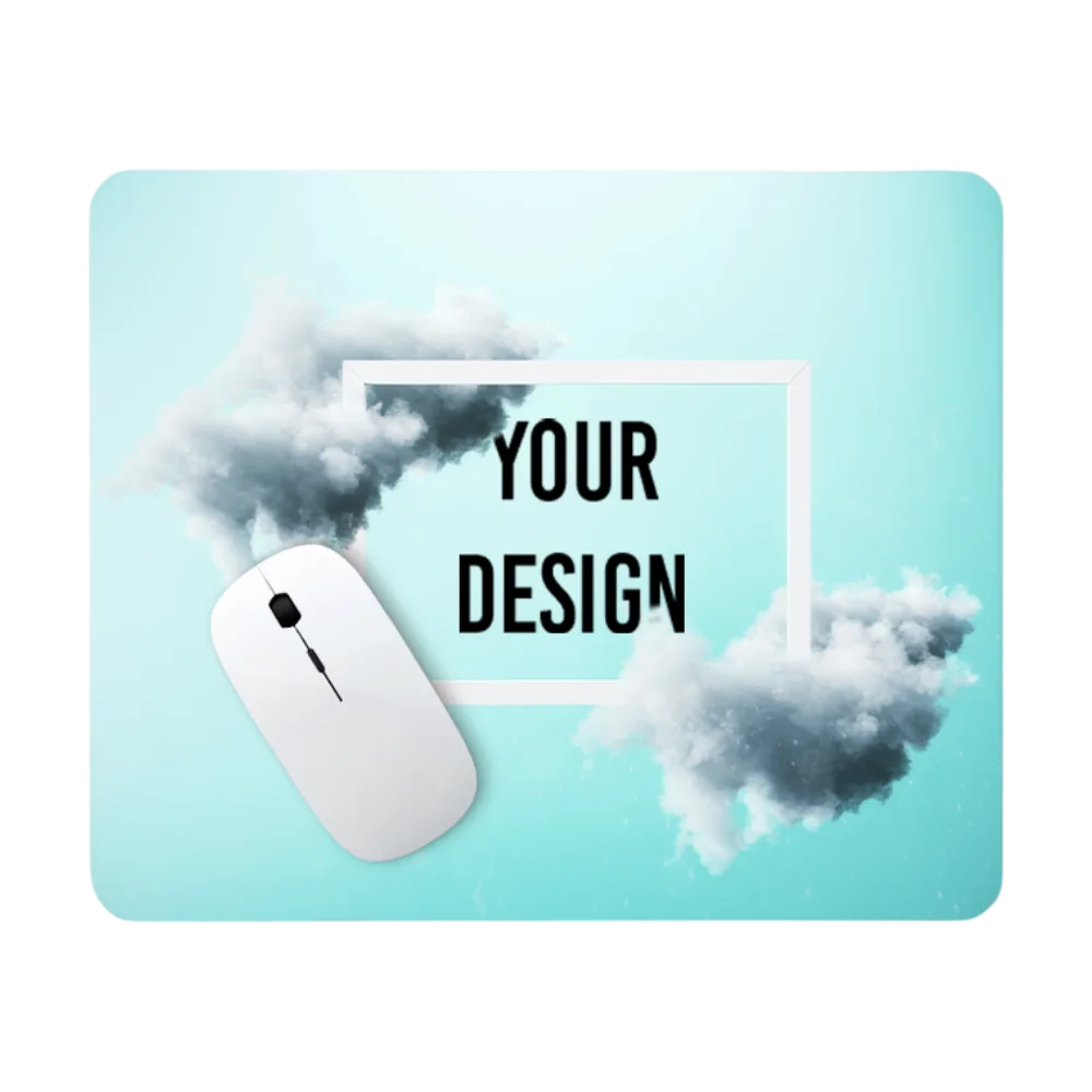 Teal office mousepad with cloud graphic and Your Design placeholder text