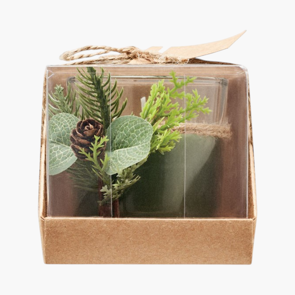 PDP - forestglasscandleholder120grwithforestarrangement square #F8F8F8 background