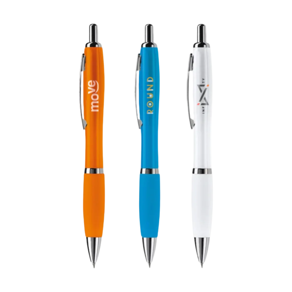 Tre penne a sfera Clexton in arancione, blu e bianco con loghi