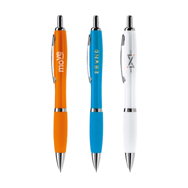 Three Clexton ballpoint pens in orange, blue and white with custom logos