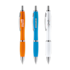 Three Clexton ballpoint pens in orange, blue and white with custom logos