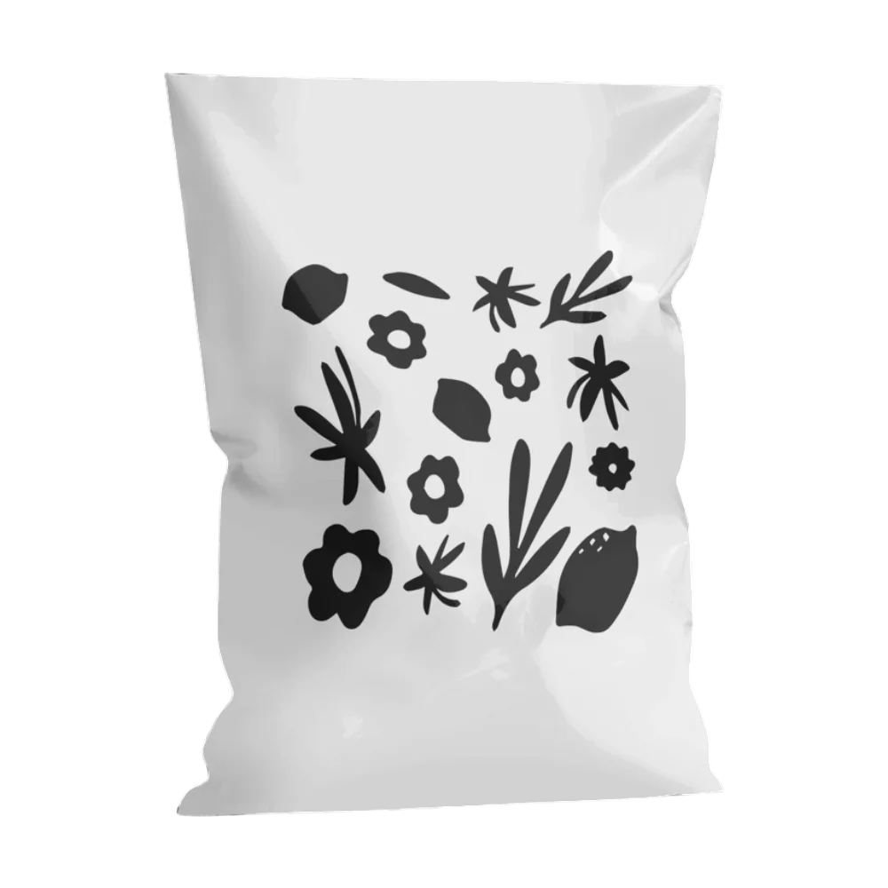 Sacchetto postale riciclato bianco con stampa botanica nera di limoni, fiori e foglie