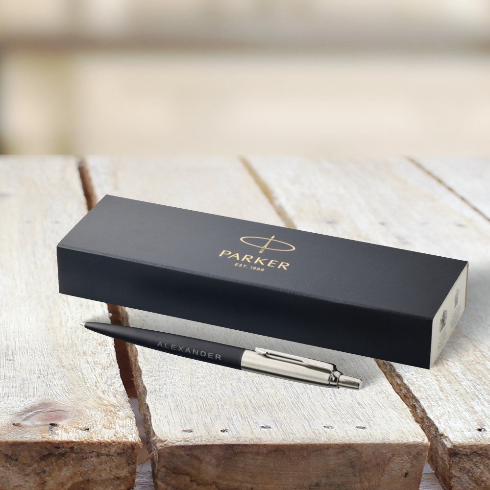 Parker Jotter Bond Street ballpoint pen and gift box on a wooden surface