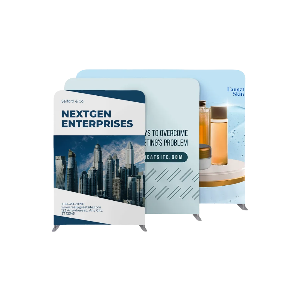 Tre espositori zipperwall lineari stampati con design NextGen Enterprises, soluzioni di marketing e Faucet Skin