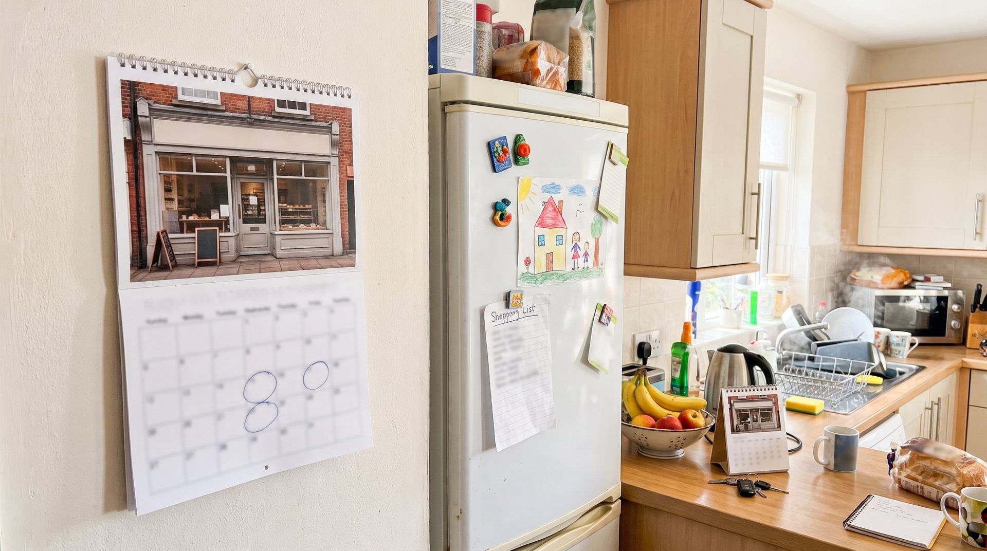 Calendario da parete stampato accanto al frigorifero in una cucina di famiglia, con un calendario da tavolo sul piano di lavoro