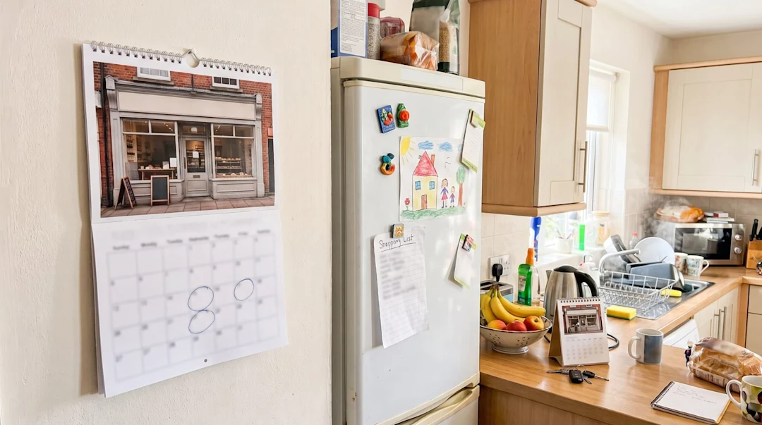 Calendario da parete stampato accanto al frigorifero in una cucina di famiglia, con un calendario da tavolo sul piano di lavoro