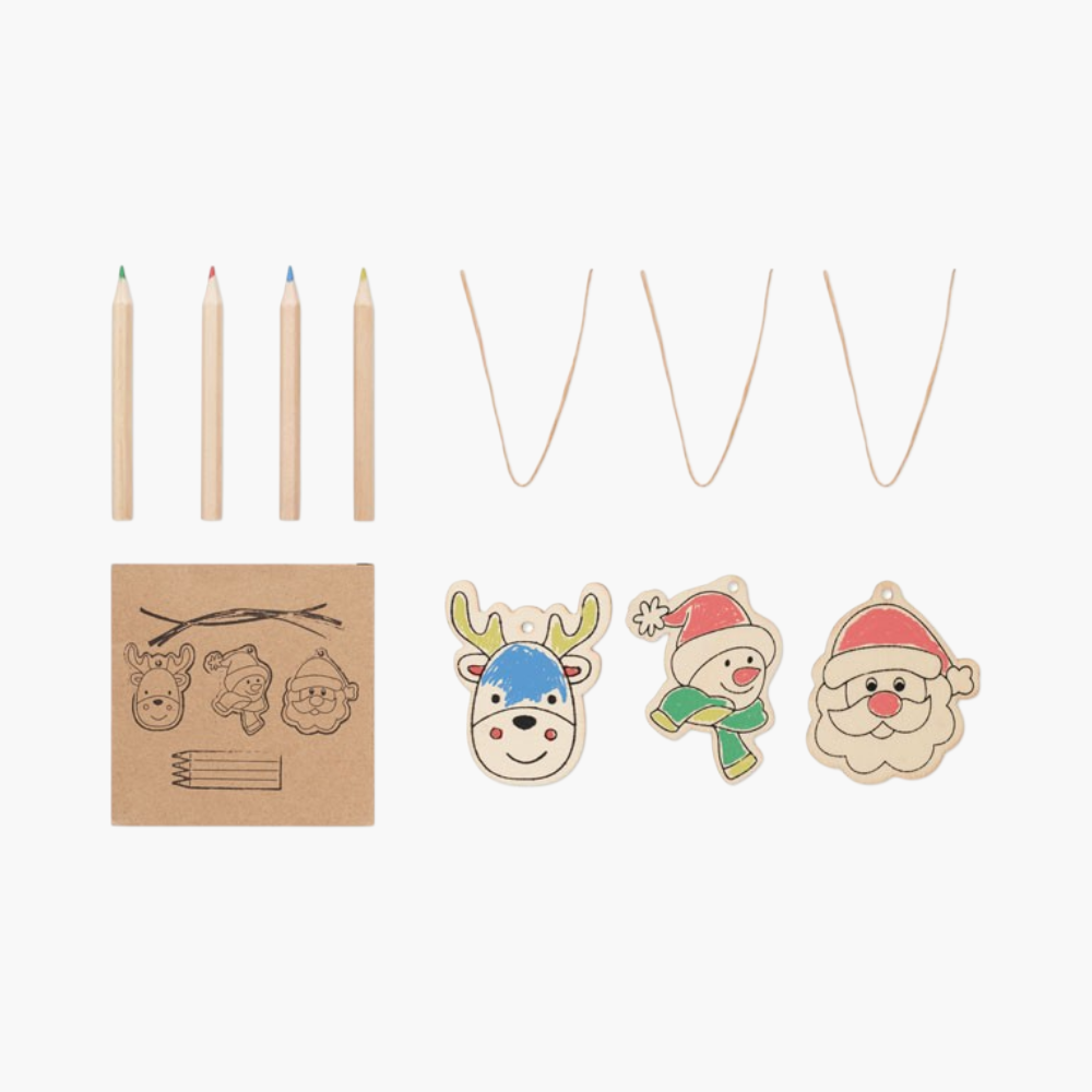 PDP - setof3woodenchristmasornamentswith4colouringpencils square #F8F8F8 background