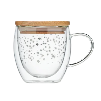 Tazza in vetro natalizia con coperchio in bambù