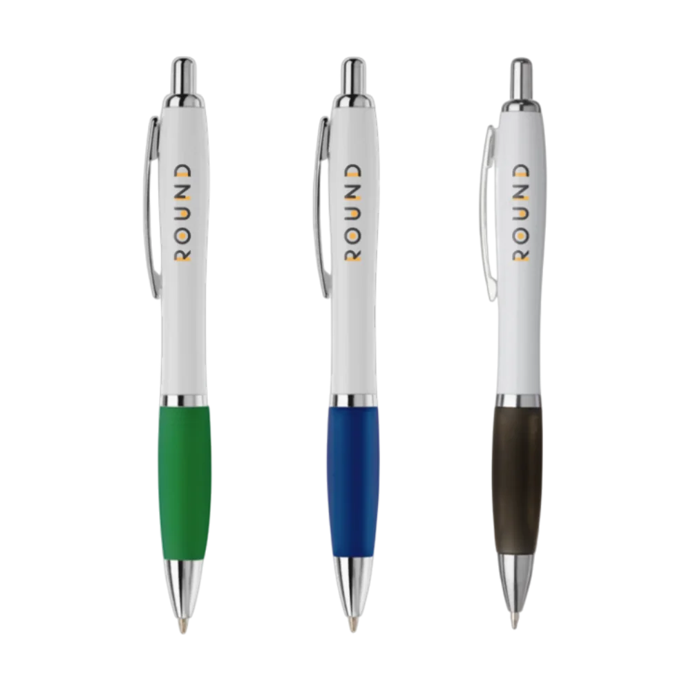 Tre penne Nash deluxe bianche con stampa logo ROUND e punte cromate, con impugnature verde, blu e nera