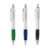Trois stylos billes Nash deluxe blancs avec impression du logo ROUND et pointes chromées, grips vert, bleu et noir