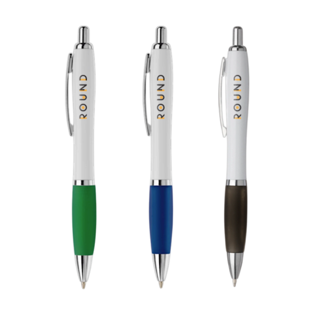 Tre penne Nash deluxe bianche con stampa logo ROUND e punte cromate, con impugnature verde, blu e nera