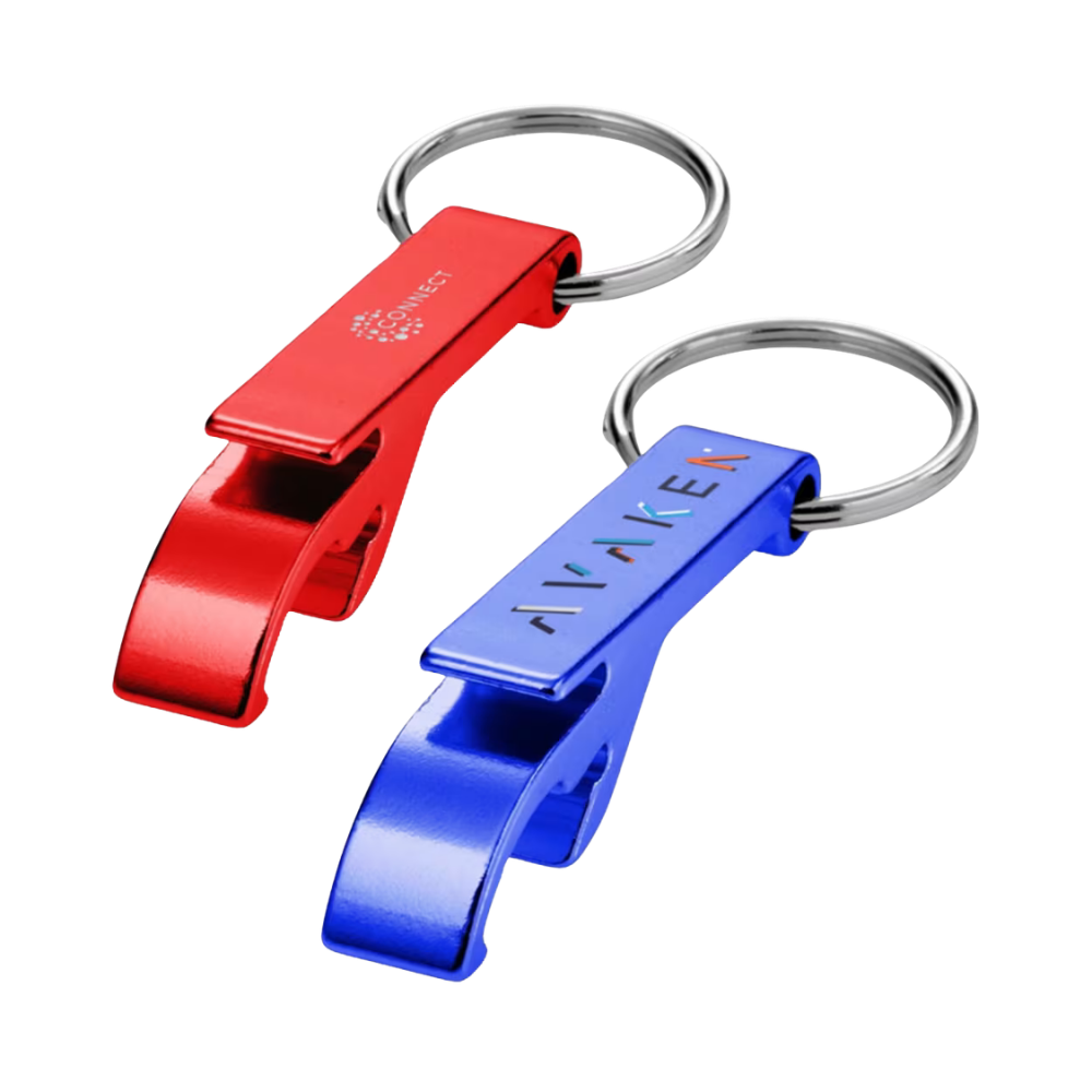 Apribottiglie e barattoli in alluminio riciclato RCS con portachiavi