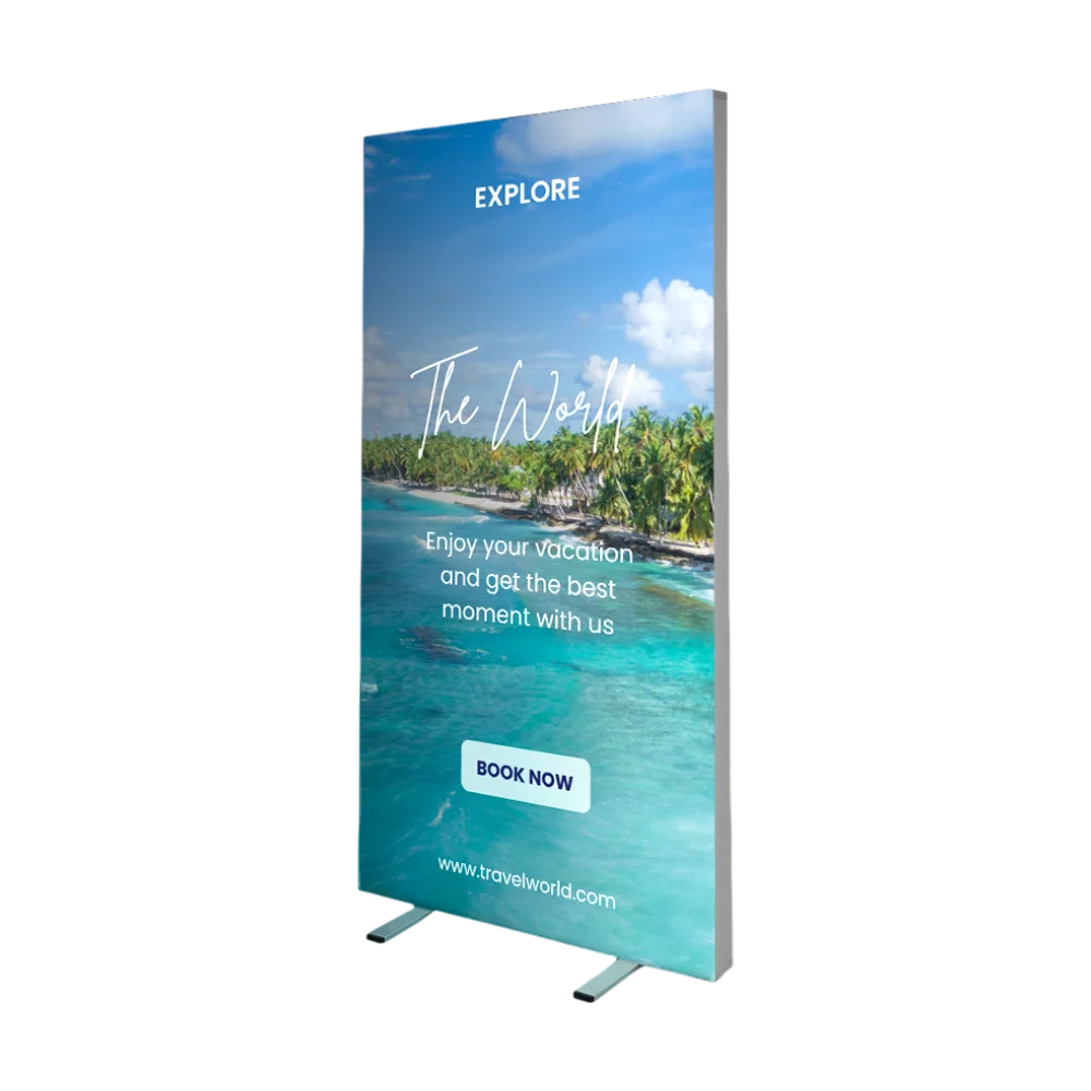 Brightbox Single LED display with a printed tropical travel poster