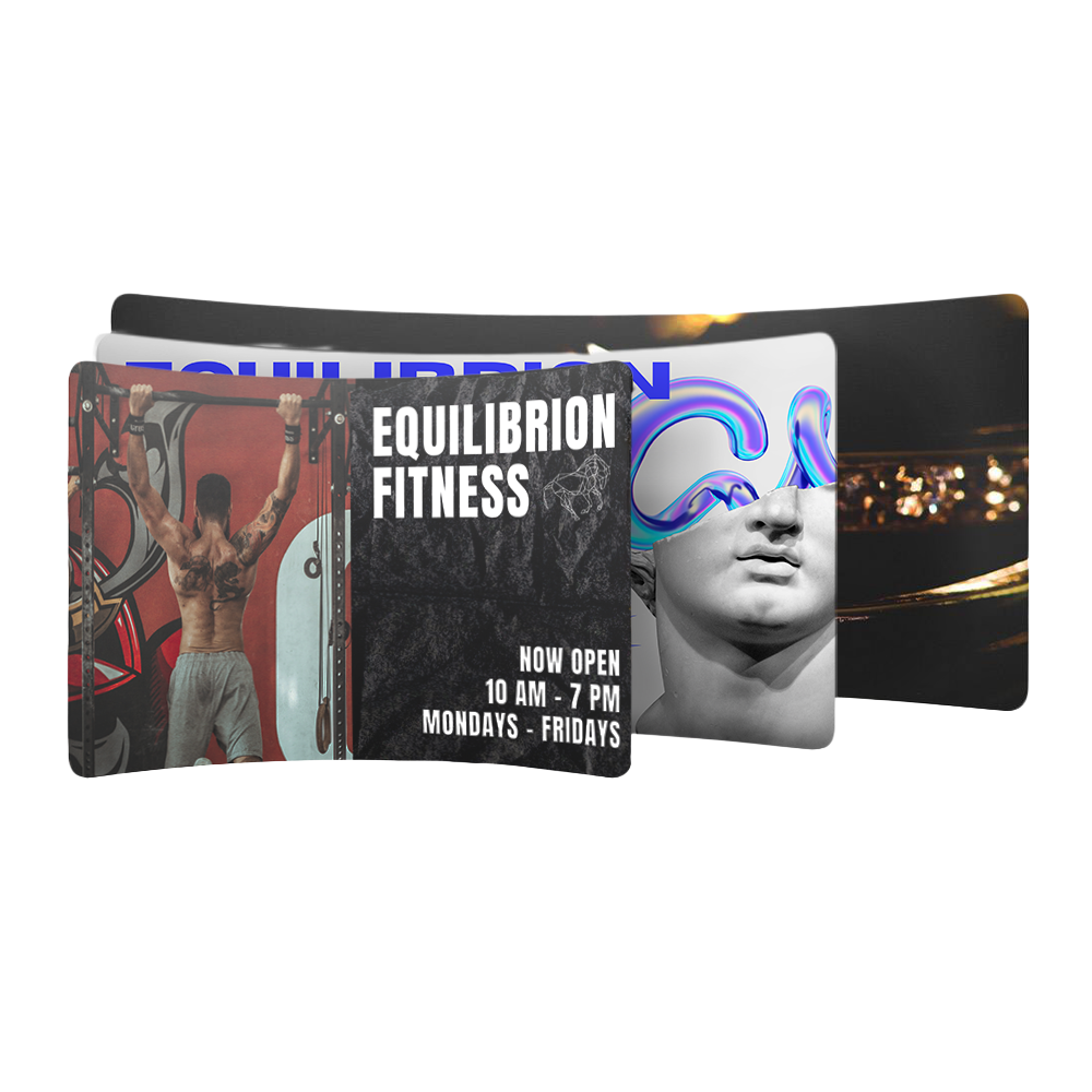 Drie gebogen zipperwall displays met voorbeeld merkprints