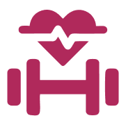 Stylized magenta icon combining a heart symbol with a dumbbell, representing fitness and health.