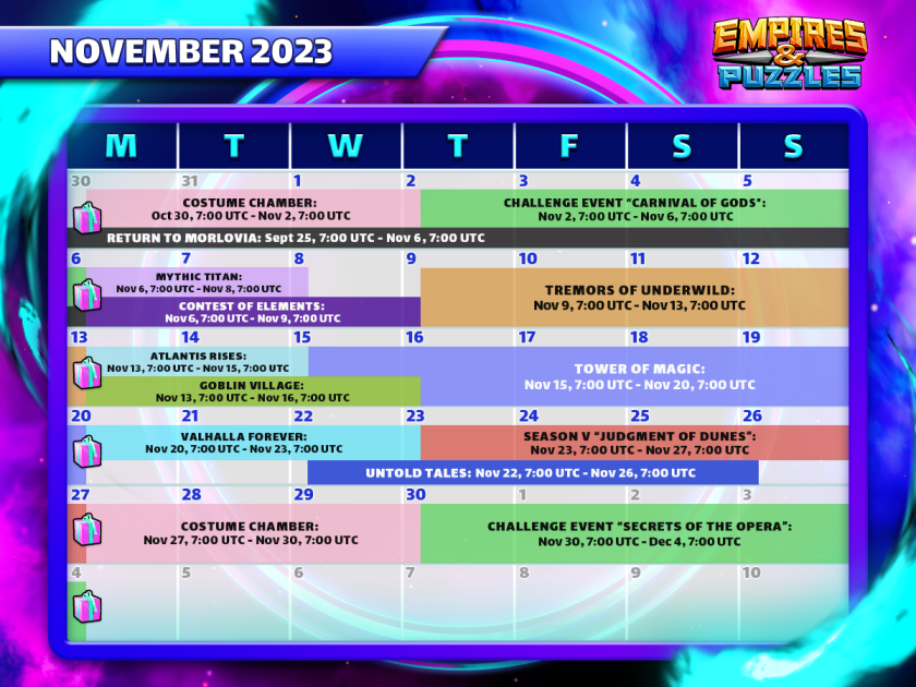November 2023 Calendar of Events Empires & Puzzles