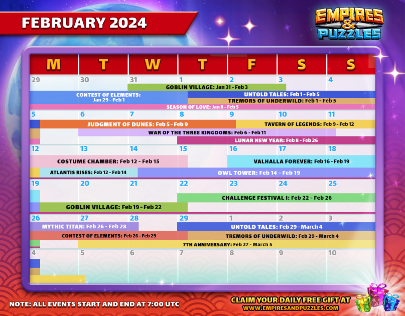 February 2024 Calendar of Events Empires & Puzzles