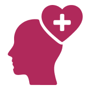 Pink silhouette of a human head with a magenta heart containing a white medical cross symbol above it.