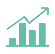 Mint green bar graph with upward trending arrow showing growth or increasing performance metrics.
