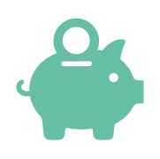Teal piggy bank icon with a simple design showing a coin slot on top and a curly tail.