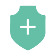 Teal shield icon with a white plus sign in the center, representing protection or health services.