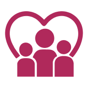 A magenta icon showing three stylized people figures inside a heart shape, representing care, community or family support.