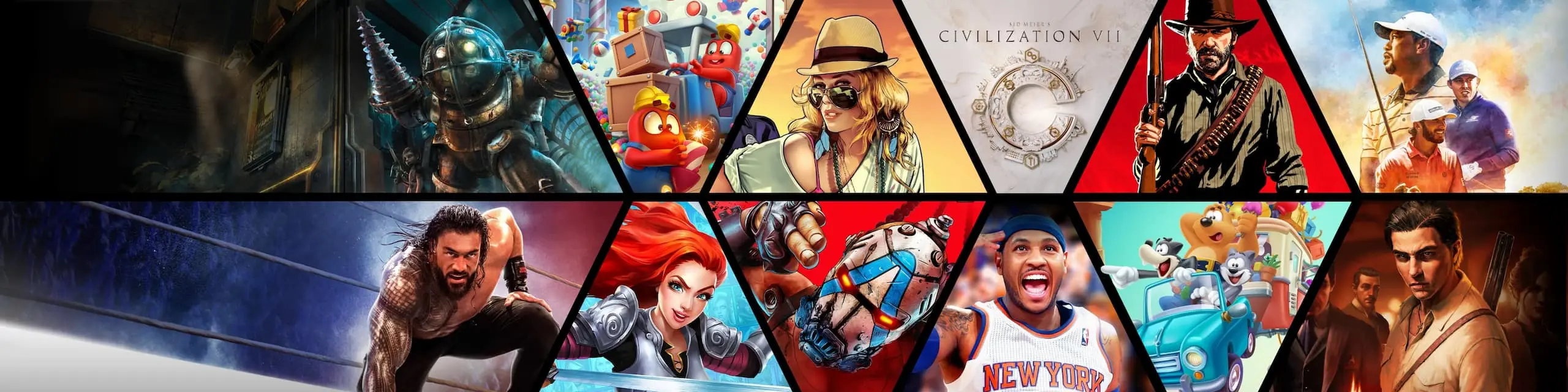 Collage of popular video game characters and scenes from different genres displayed in triangular segments.