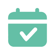 Mint green calendar icon with a white checkmark, indicating a scheduled or completed event.