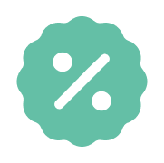 Teal circular badge with a percentage or discount symbol showing a diagonal line between two dots.