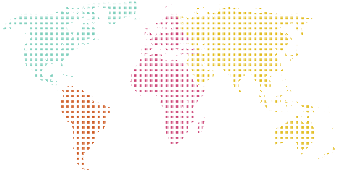 World map created with dots showing continents in different colors: blue Americas, pink Africa, yellow Asia and Australia.