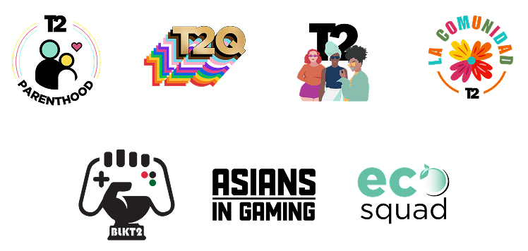 Collection of diverse T2 community logos including Parenthood, T2Q, La Comunidad, gaming, and eco squad designs.