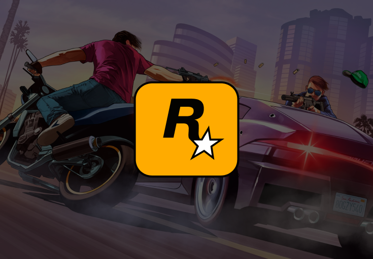 Rockstar Games logo with action scene with motorcycle and car chase in the background