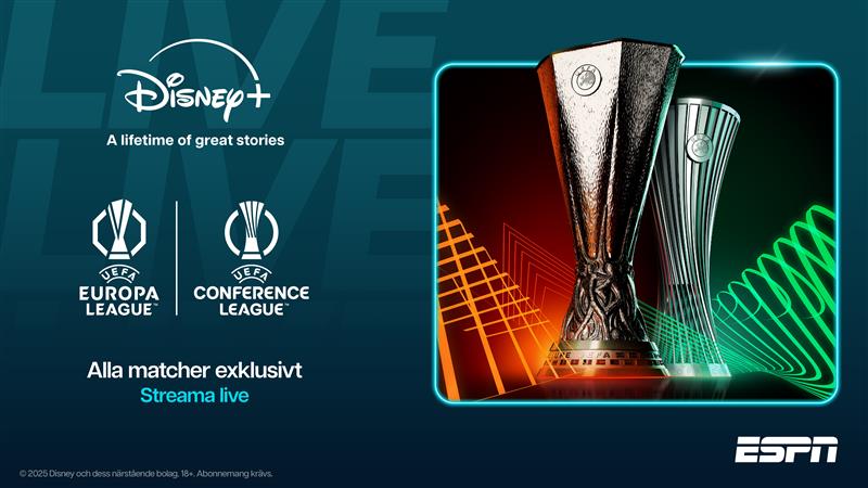 UEFA-troféer med Disney+ och ESPN-logotyper. Text visar att alla matcher från Europa League och Conference League streamas live.