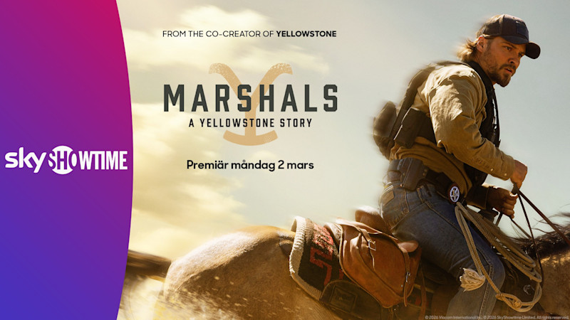 Reklamaffisch för TV-serien "Marshals: A Yellowstone Story" med ryttare på häst, premiär 2 mars på SkyShowtime.