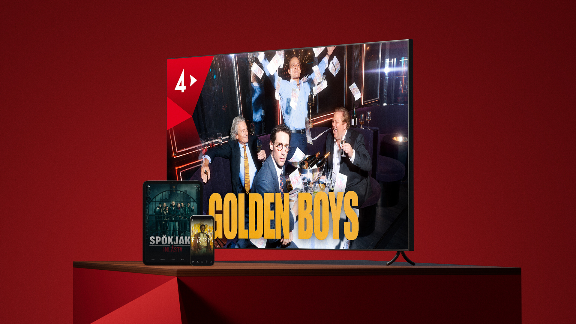 TV-skärm visar Golden Boys, bredvid står mobil och surfplatta med andra program.