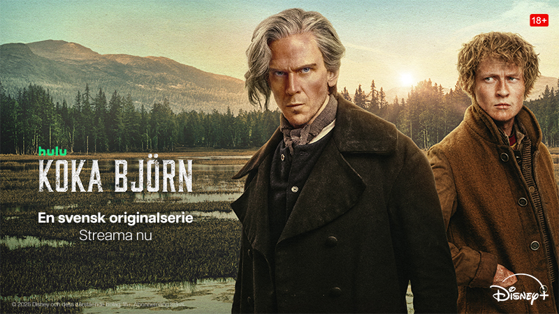 Två personer i historiska kläder framför skogslandskap. Affisch för svenska serien "Koka Björn" på Hulu/Disney+.